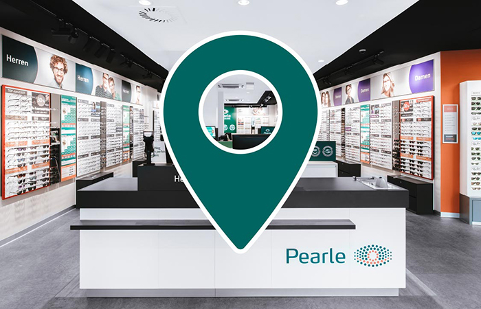 Innenansicht Pearle-Filiale mit Standort-Icon